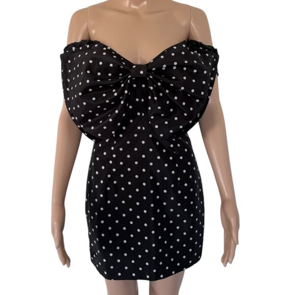 Bardot Polka Dot Bow Off The Shoulder Mini Party Club Pinup Dress XS Black White - Picture 2 of 8